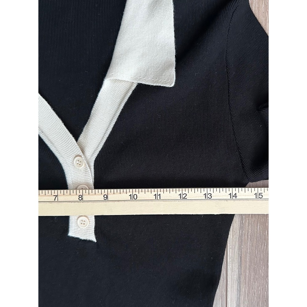 Commense Black Ribbed Knit Polo Top SM Long Sleeve Contrast Collar Office Siren - Picture 3 of 8